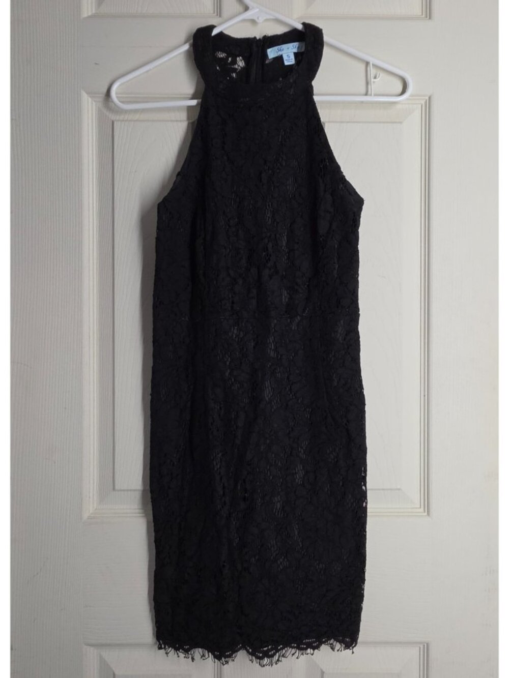She+Sky Black Crochet Lace Dress Small Mock Neck Fringe Hem Boho Gothic Cocktail